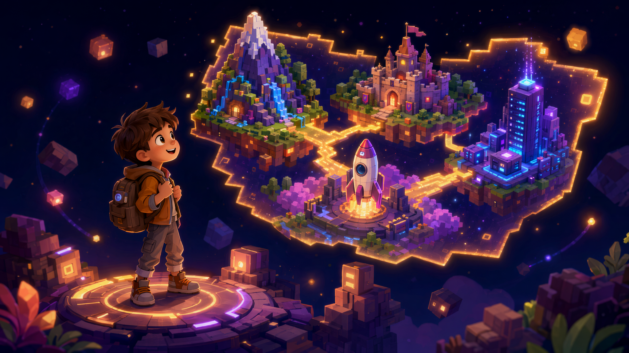 A young explorer looking out at a floating world map of game adventures