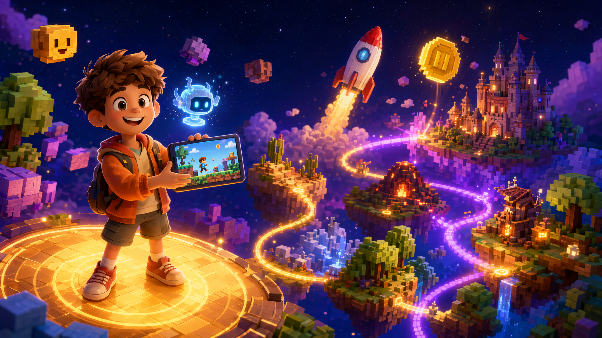 A young game-creator proudly showing the platformer game they built, in a glowing voxel world